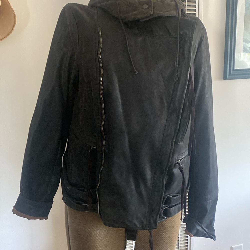 We the free vegan leather hooded moto style zipper jacket large